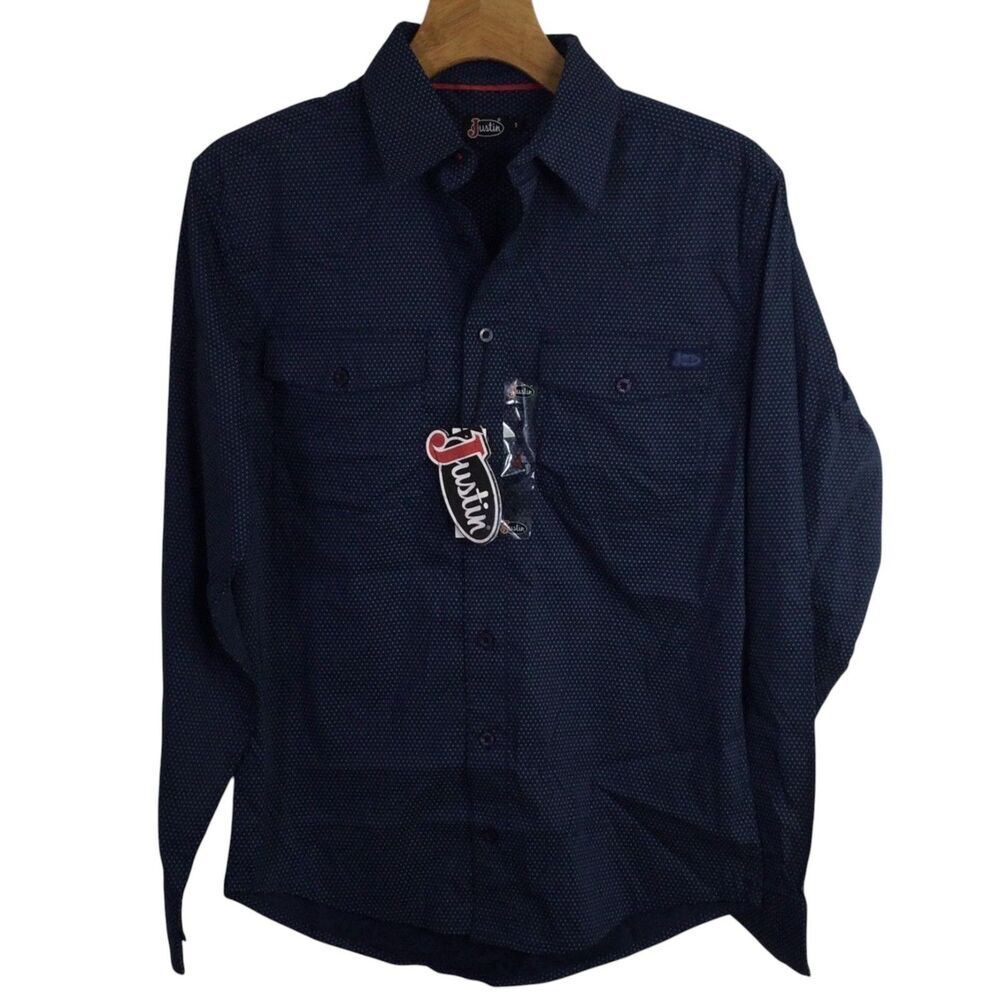 Justin Boots Men Open Button-Up Shirt Long Sleeve Oyster Diamond Blue Size S NWT